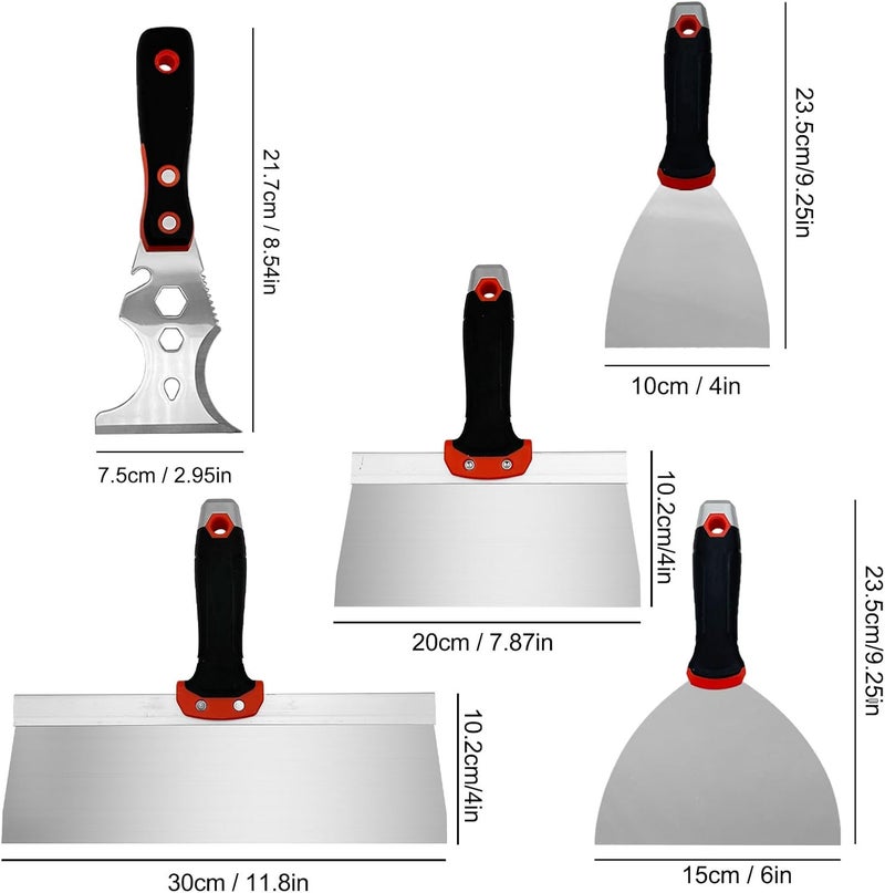 YLTOLOO 5 Pack Drywall Knife Set, Includes 8” & 12” Taping Knives, 4" & 6" Putty Knives and 3” Multifunctional Paint Scraper, Perfect Hand Tools for Drywall Joint Taping, Finishing and Patching - Image 2